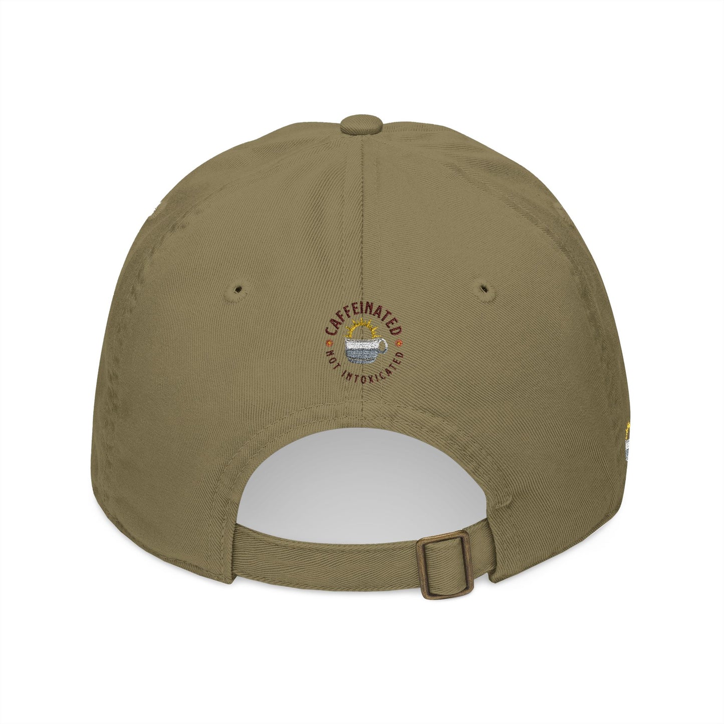 Back profile of khaki cap showing circular 'Caffeinated Not Intoxicated' embroidered logo with coffee cup and sunrise graphic, adjustable buckle strap