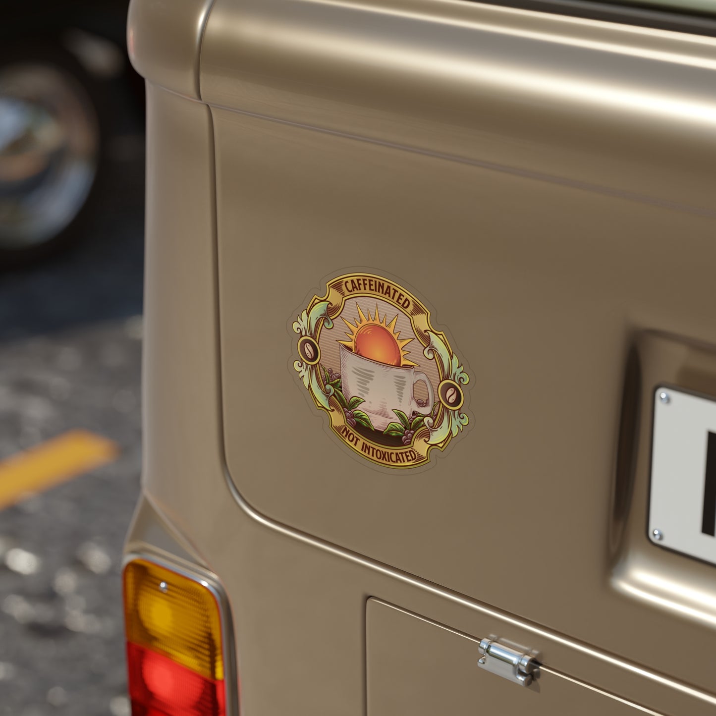 Caffeinated Not Intoxicated recovery sticker applied back of vehicle