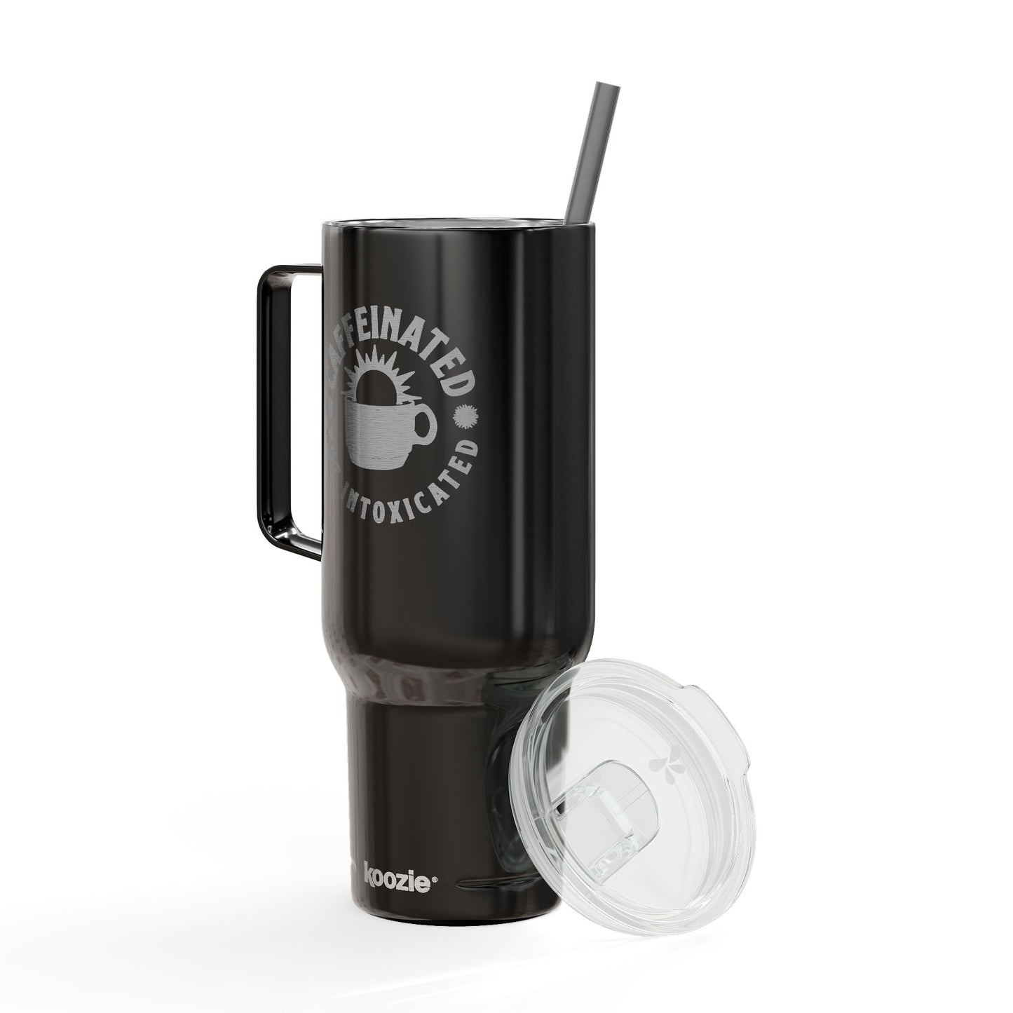 Side view of black Caffeinated Not Intoxicated 40oz insulated tumbler with handle and straw