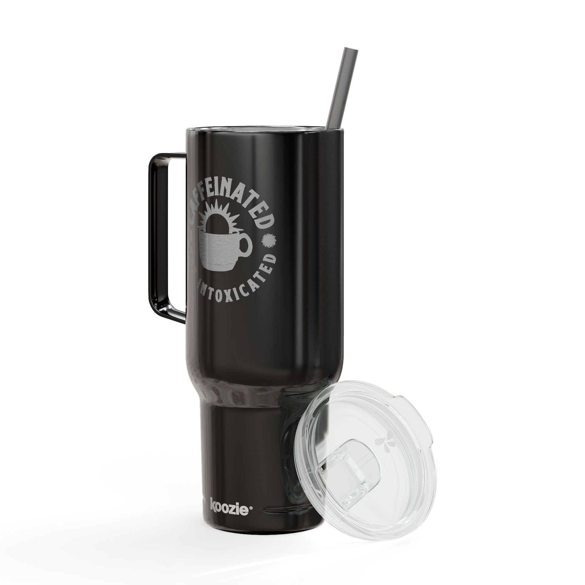 Side view of black Caffeinated Not Intoxicated 40oz insulated tumbler with handle and straw