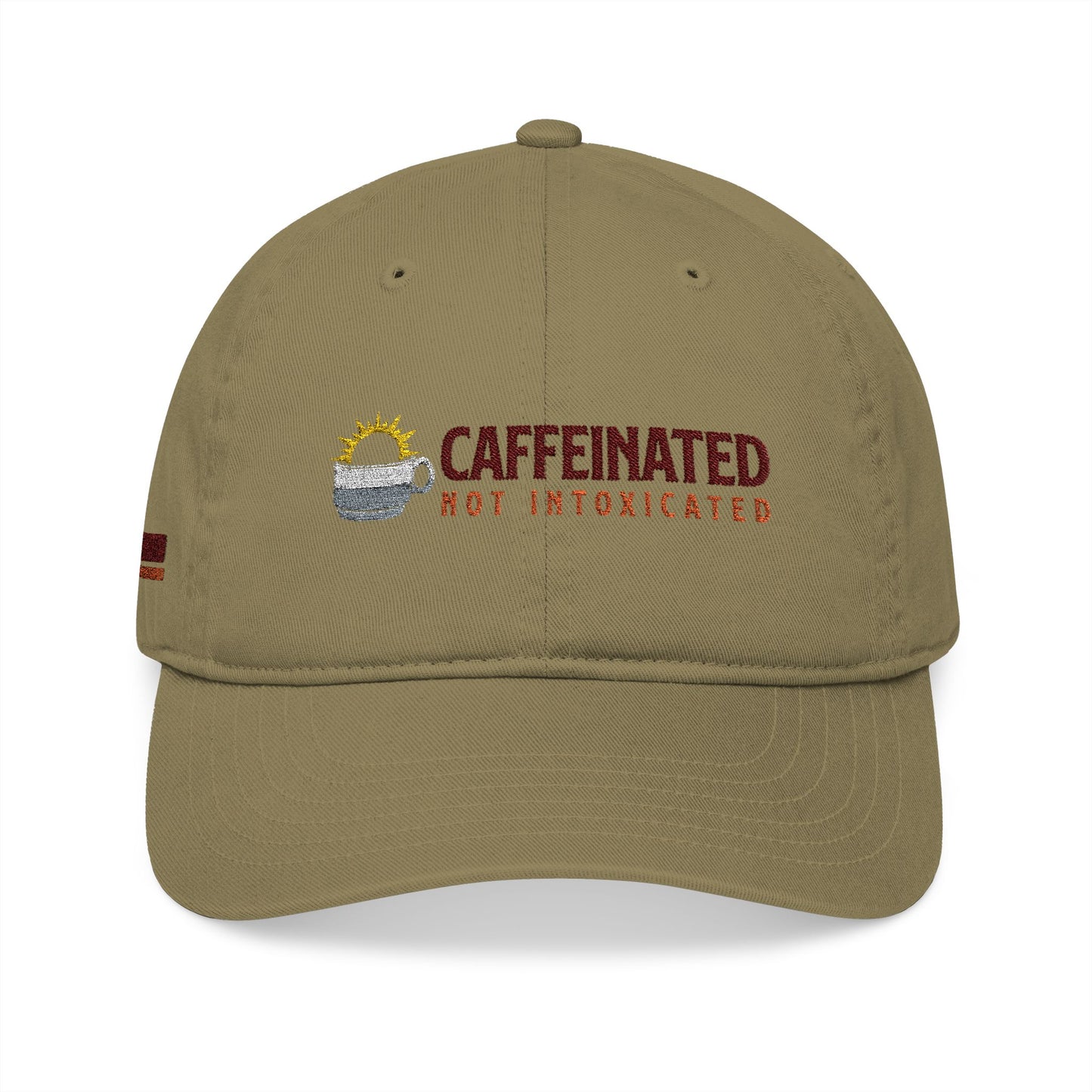 Khaki cap with 'Caffeinated Not Intoxicated' embroidered text and coffee cup graphic on a white background