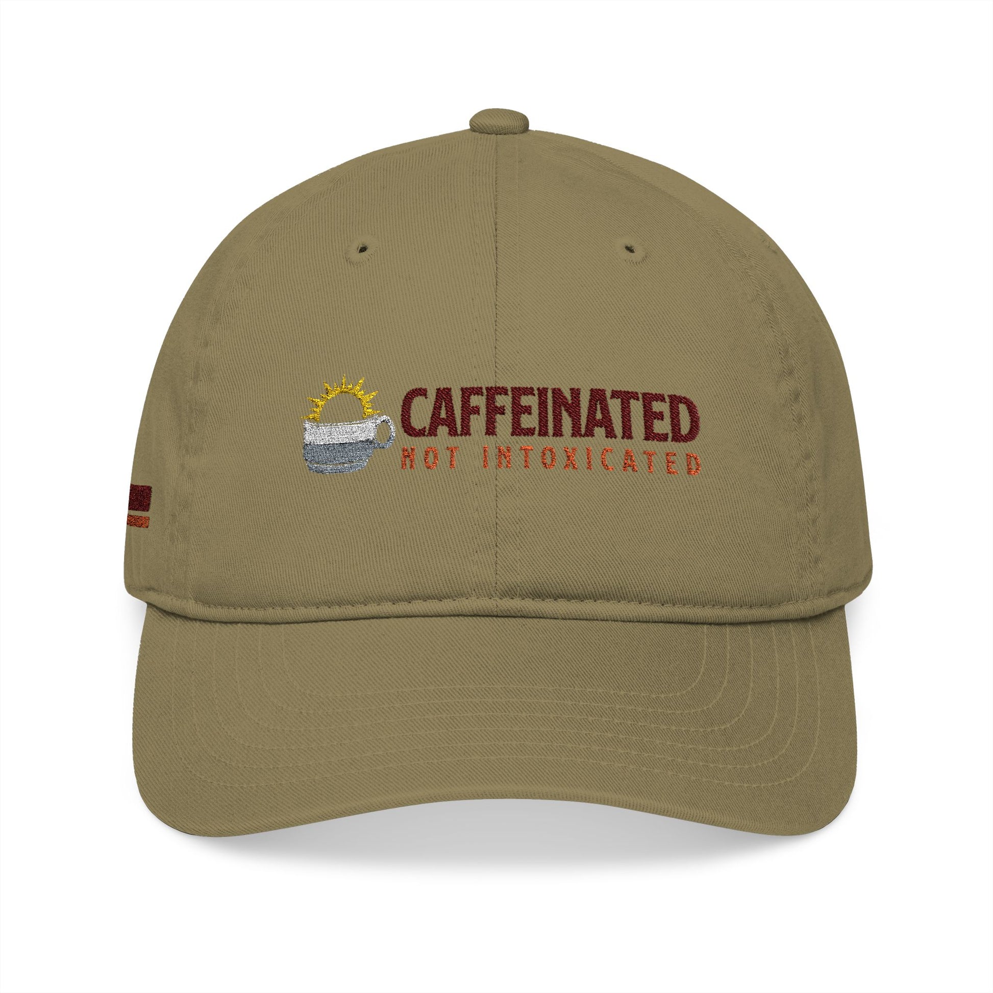 Khaki cap with 'Caffeinated Not Intoxicated' embroidered text and coffee cup graphic on a white background