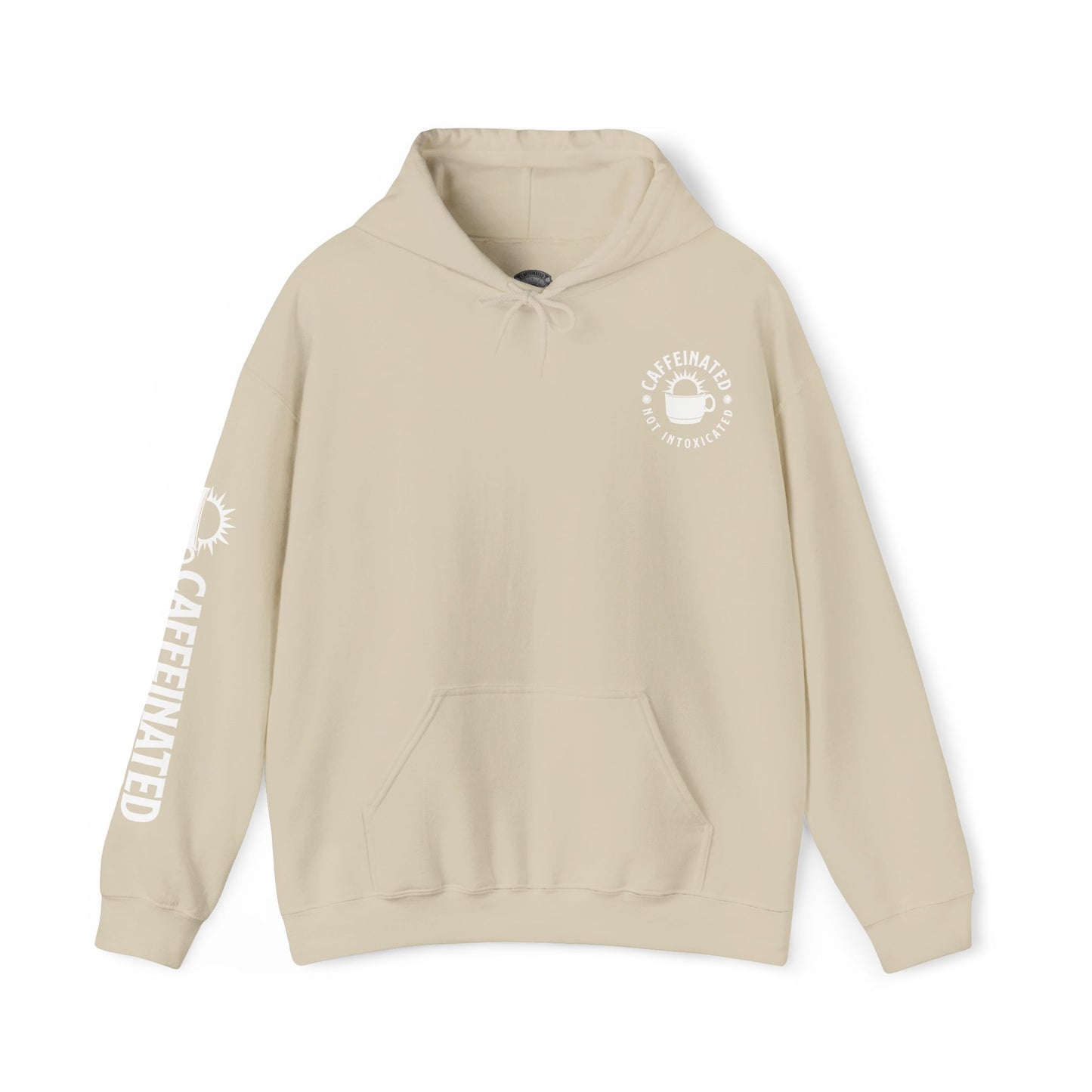 Beige Caffeinated Not Intoxicated pullover hoodie front view with small chest logo