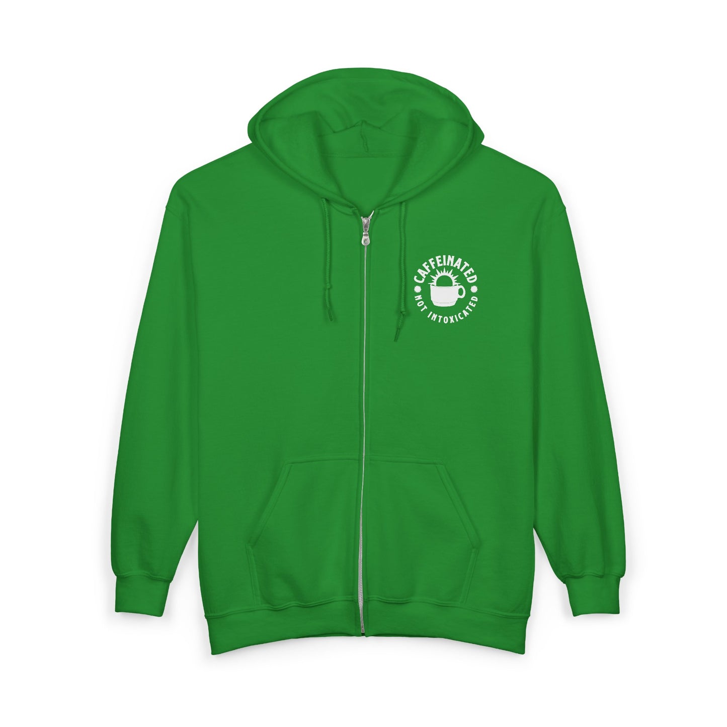 Front view of green Caffeinated Not Intoxicated zip hoodie with circular coffee cup logo and drawstring hood