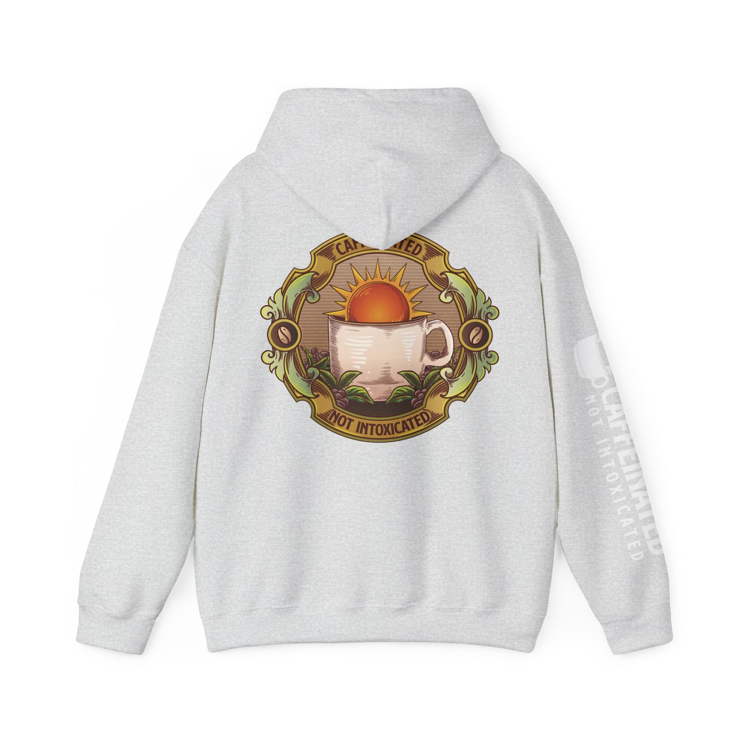 Back view of grey Caffeinated Not Intoxicated pullover hoodie with circular coffee cup artwork and sleeve text