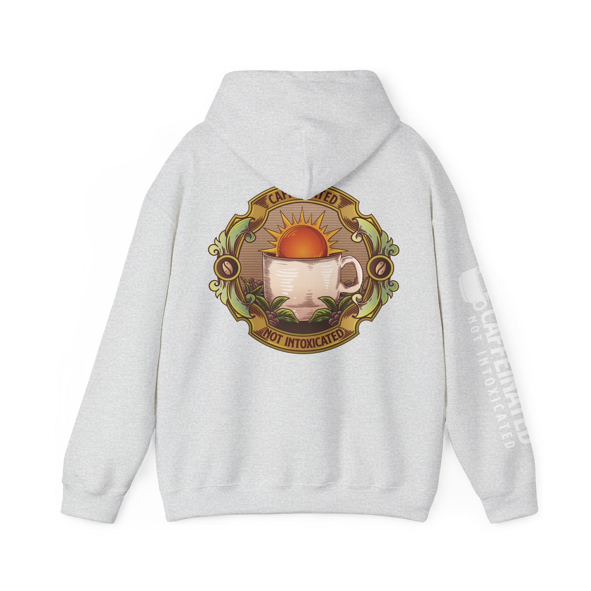 Back view of grey Caffeinated Not Intoxicated pullover hoodie with circular coffee cup artwork and sleeve text