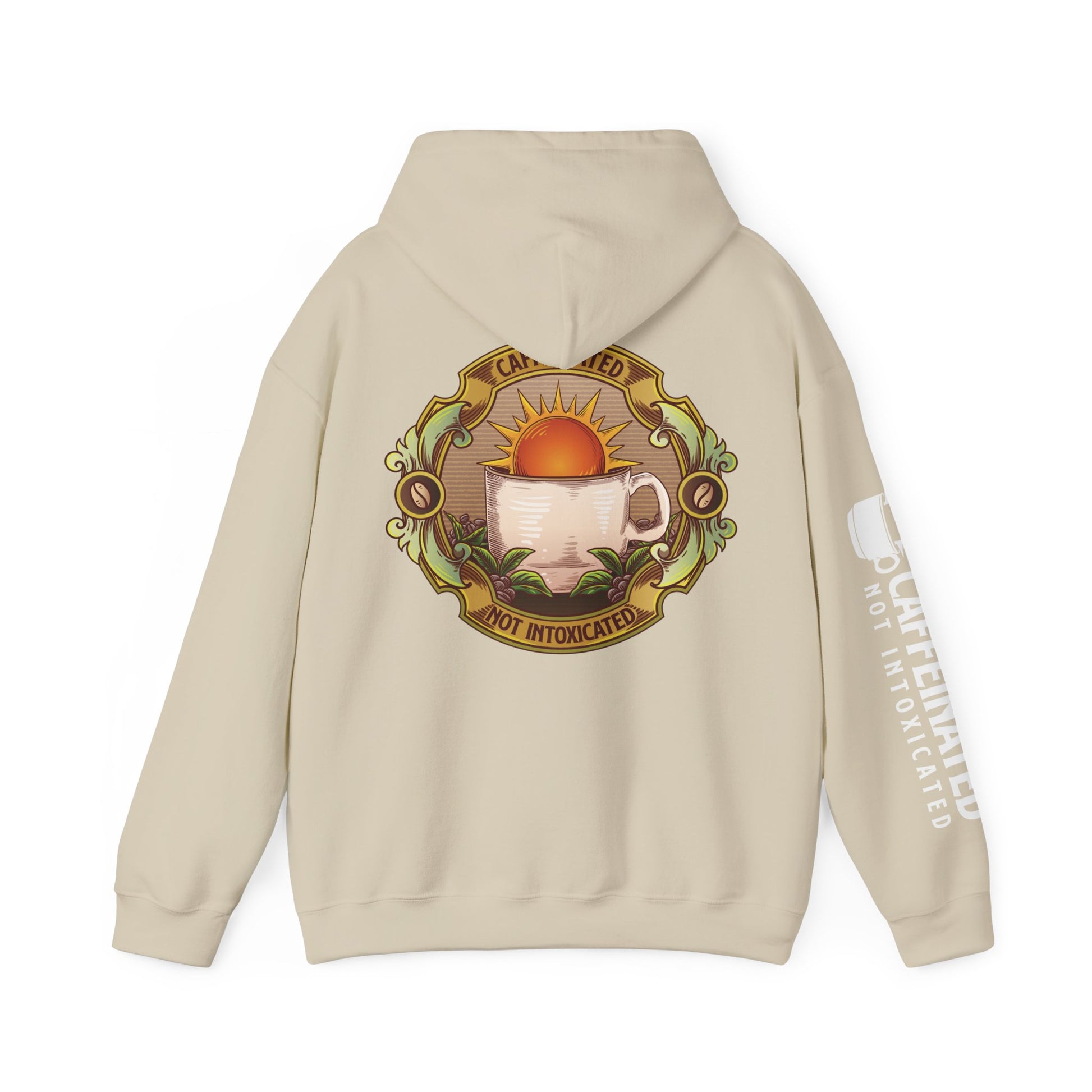 Back view of beige Caffeinated Not Intoxicated pullover hoodie with large circular coffee cup artwork and sleeve text