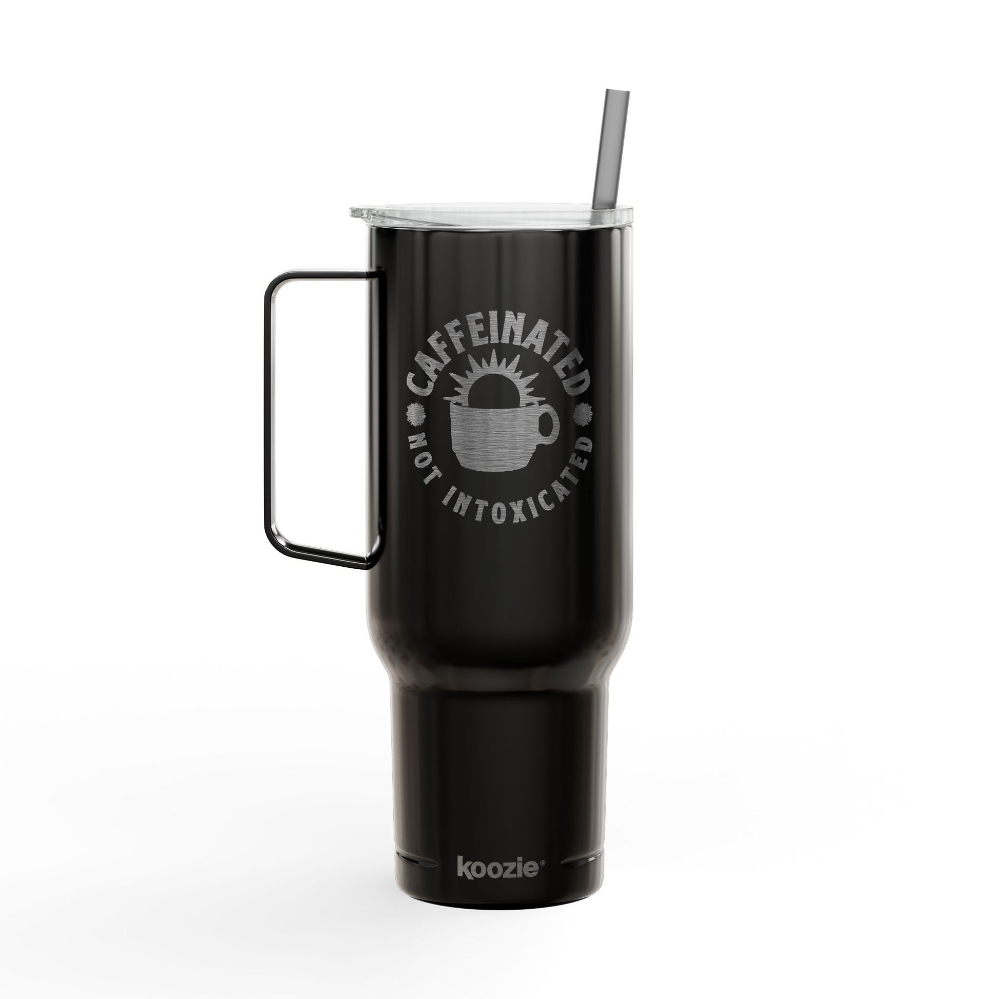 Black 40oz Caffeinated Not Intoxicated tumbler with circular logo, handle, straw and slider lid on white background