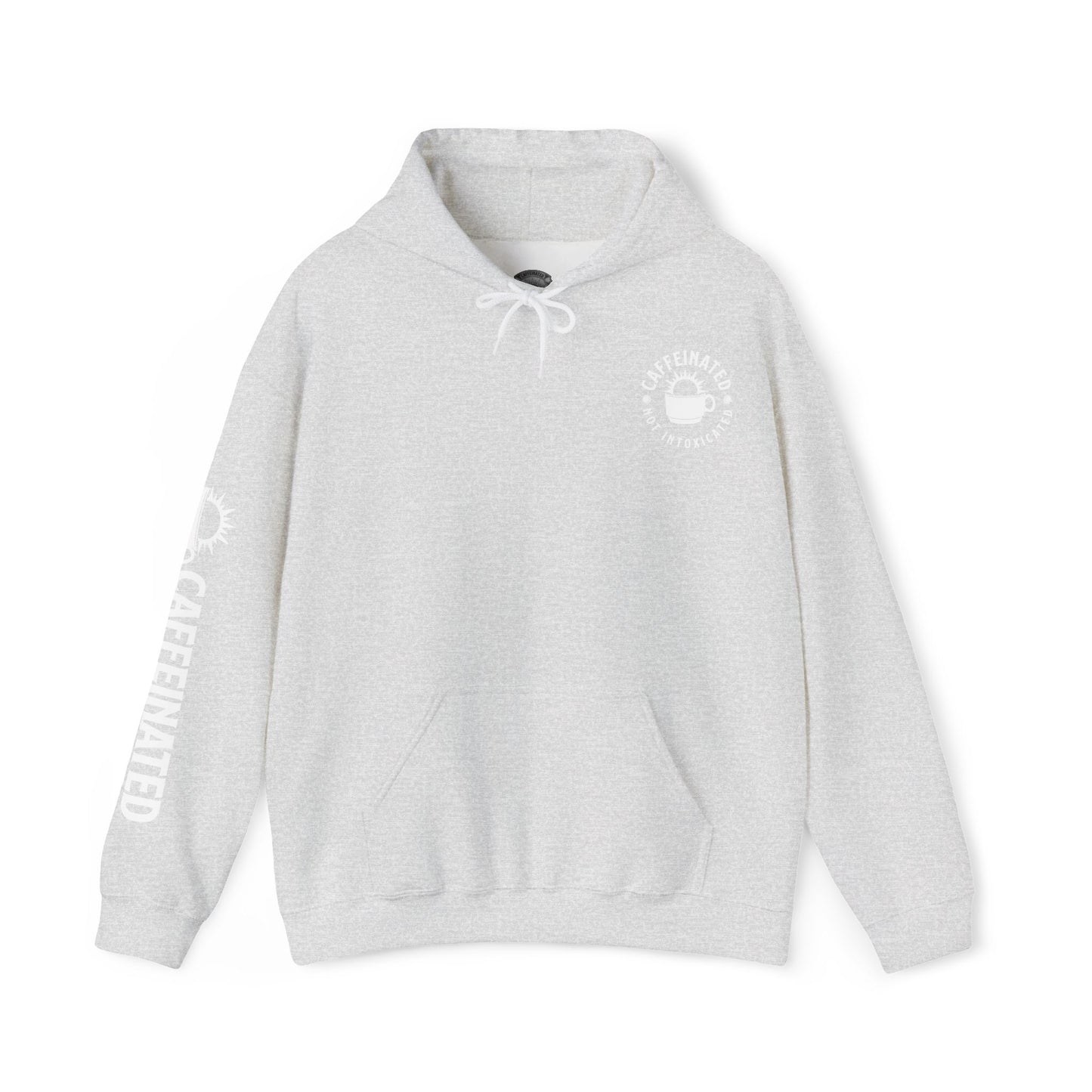 Grey Caffeinated Not Intoxicated pullover hoodie front view with small chest logo