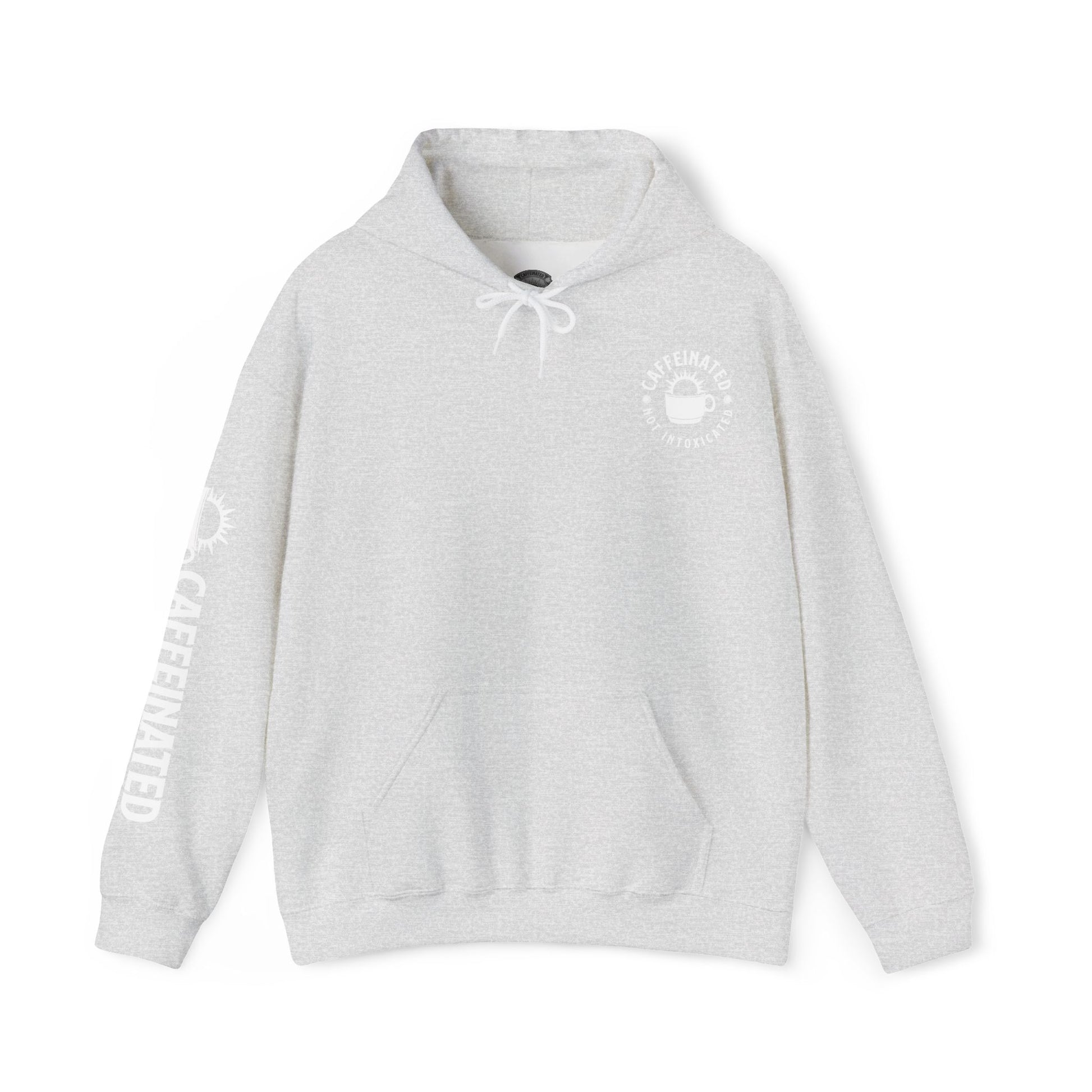 Grey Caffeinated Not Intoxicated pullover hoodie front view with small chest logo
