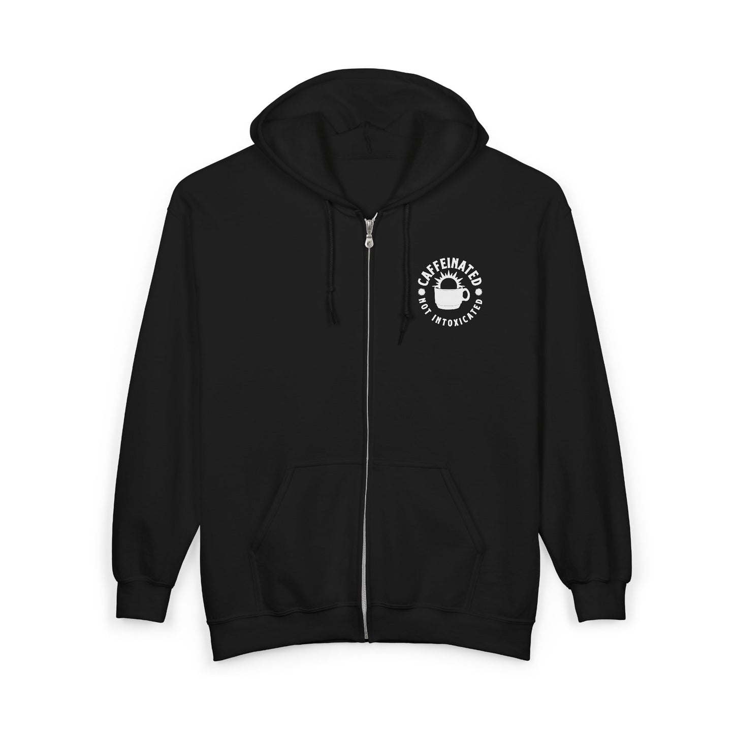 Front view of black Caffeinated Not Intoxicated zip hoodie with small chest logo and drawstring hood
