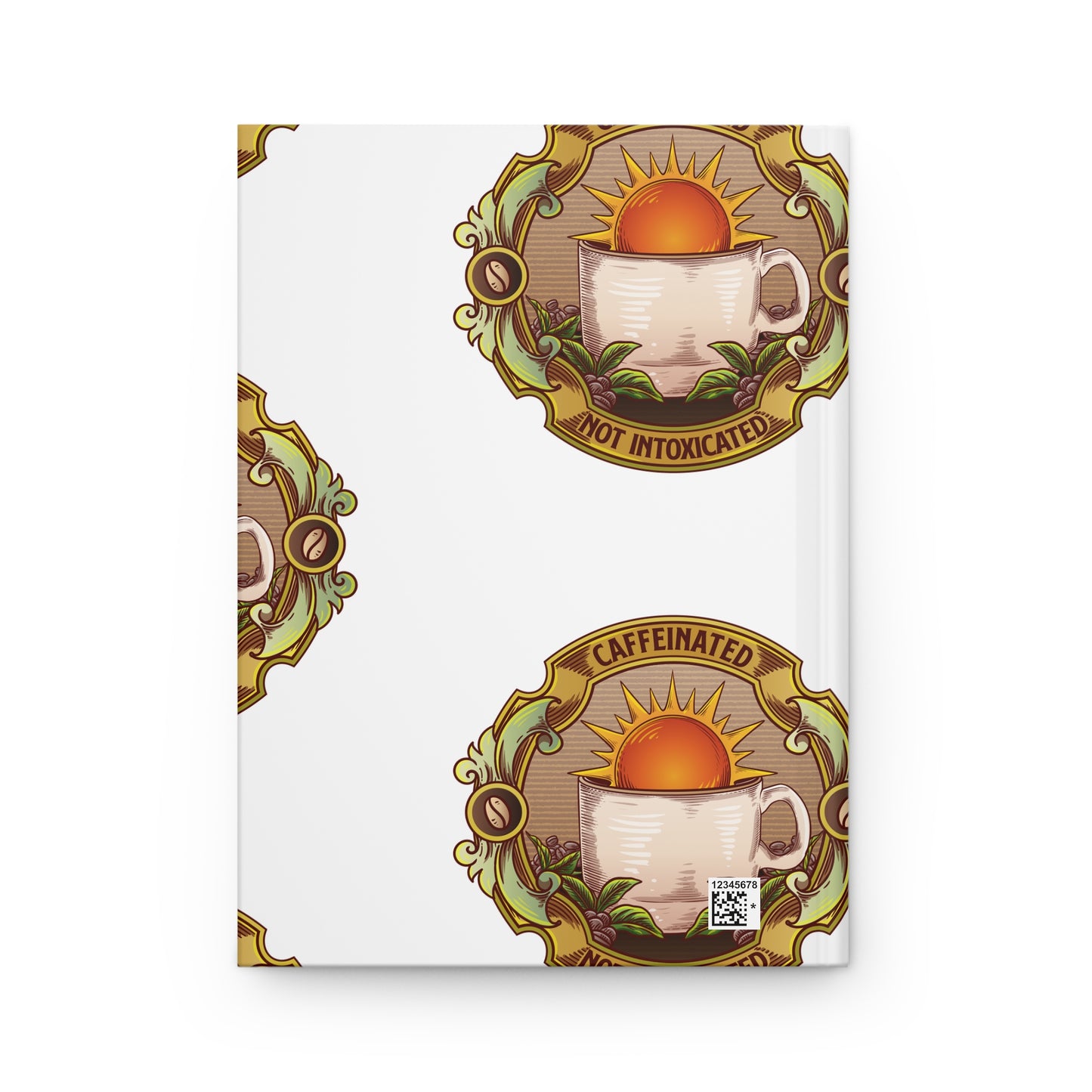 Flat lay of Caffeinated Not Intoxicated journal front and back cover with circular logo
