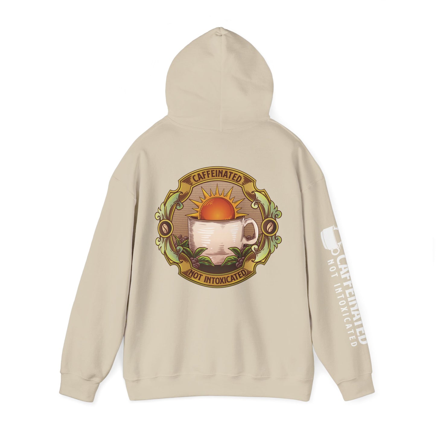 Back view of beige Caffeinated Not Intoxicated pullover hoodie with large circular coffee cup artwork and sleeve text