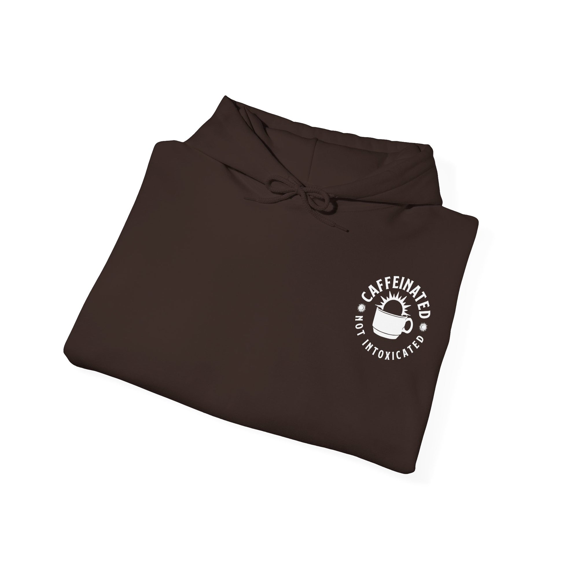 Folded brown Caffeinated Not Intoxicated hoodie showing sleeve branding