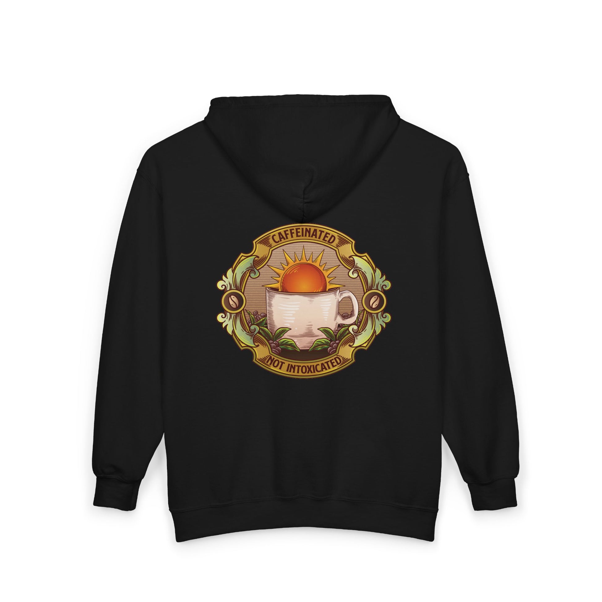 Back view of black Caffeinated Not Intoxicated zip hoodie showing full coffee cup circular artwork