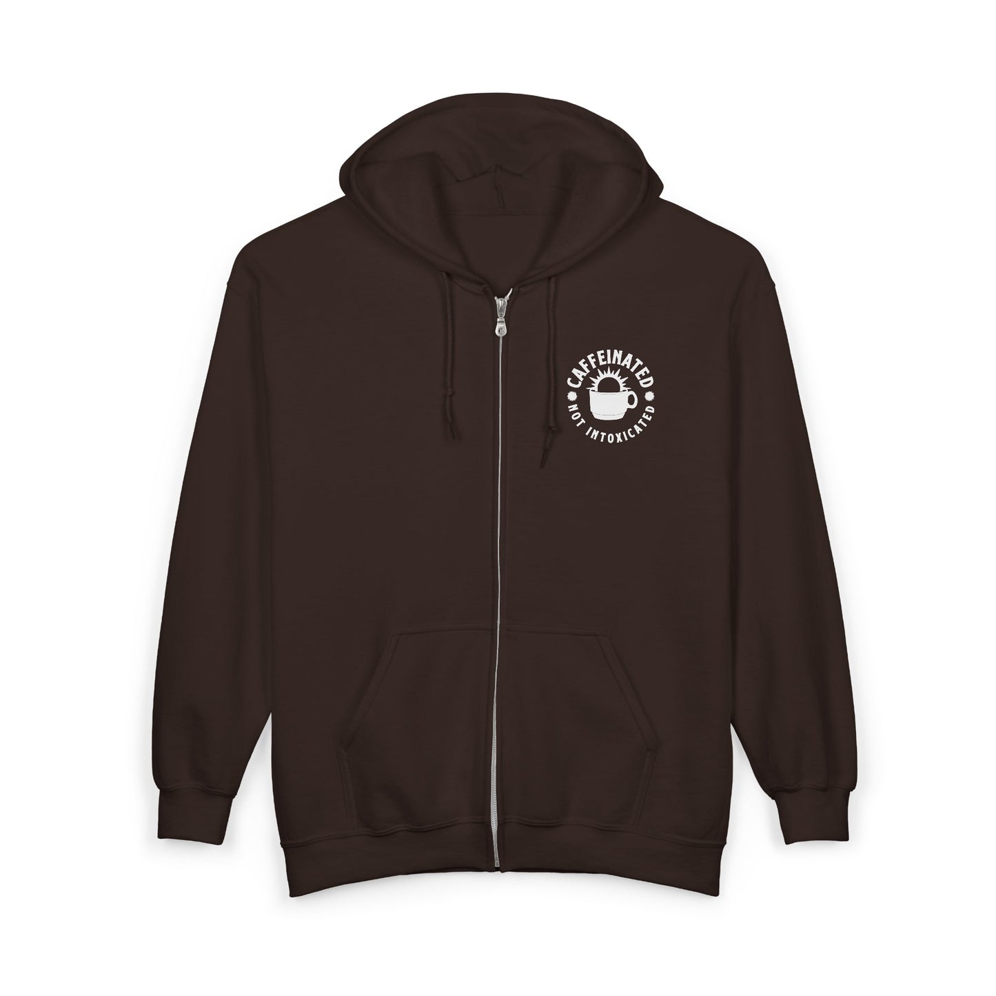 Brown Caffeinated Not Intoxicated zip hoodie showing small circular logo placement on left chest
