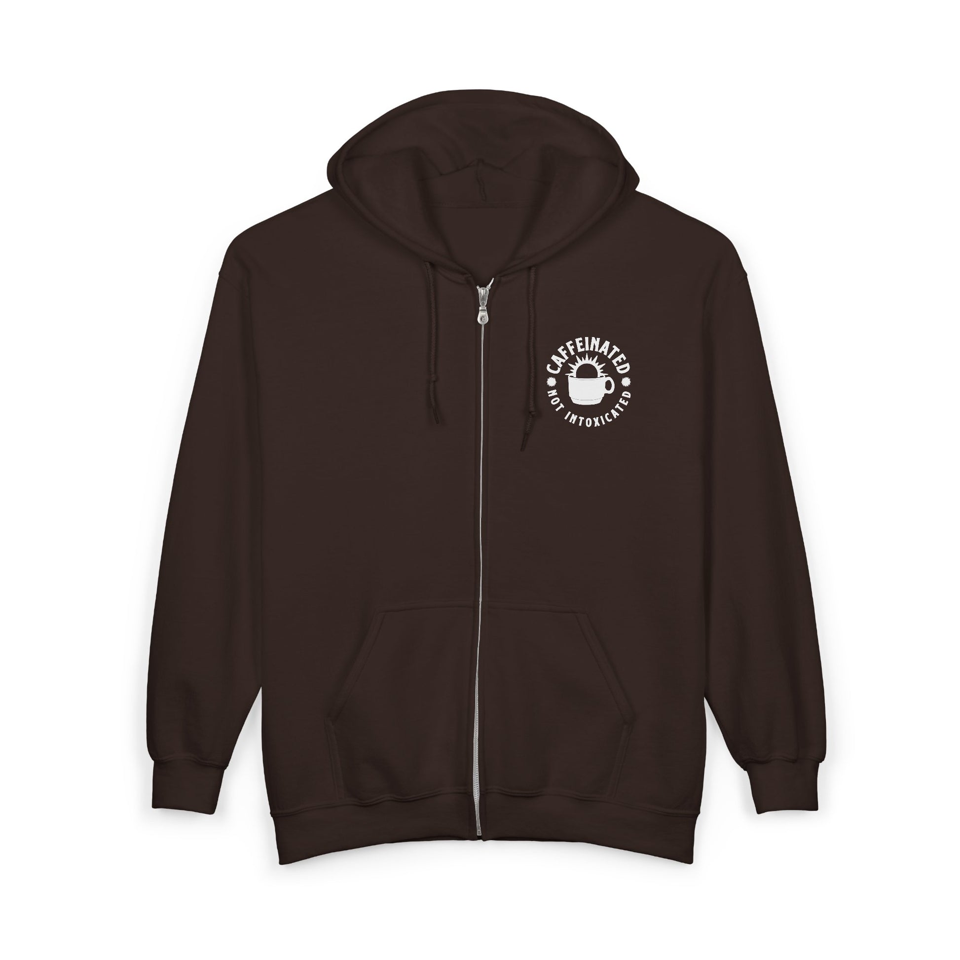 Brown Caffeinated Not Intoxicated zip hoodie showing small circular logo placement on left chest