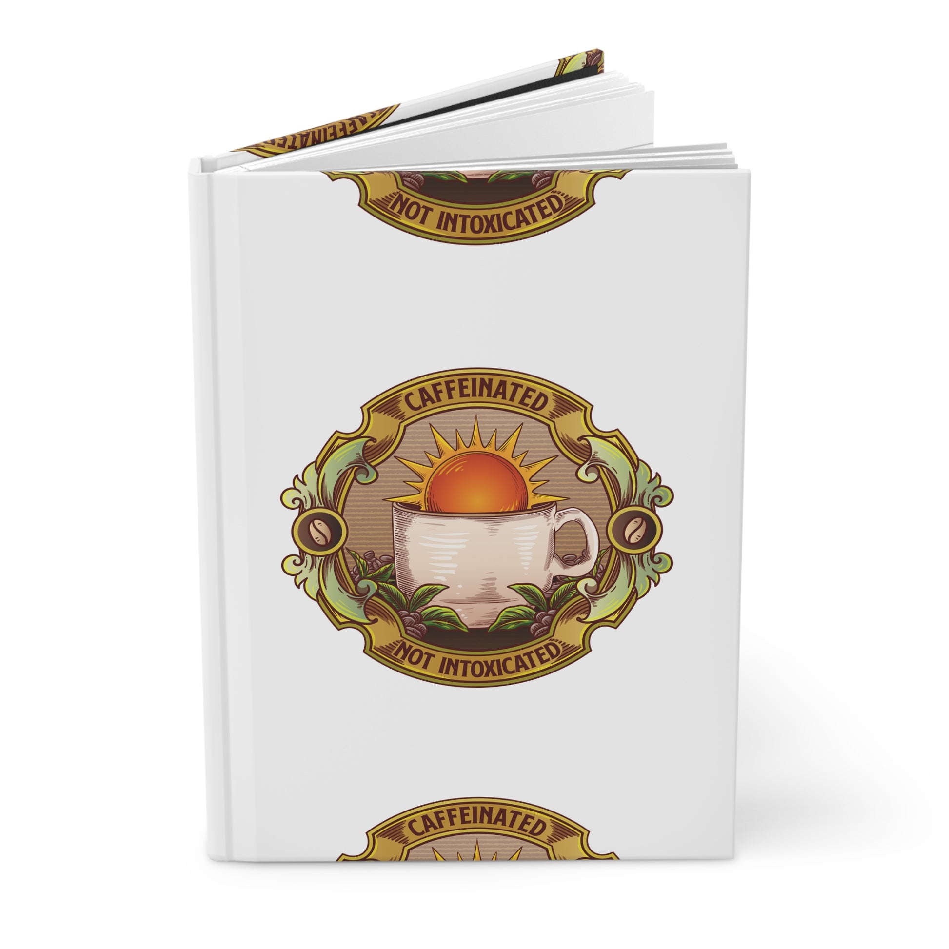 White hardcover Caffeinated Not Intoxicated blank journal showing front and back covers with circular coffee cup artwork